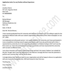 Application Letter for any Position without Experience