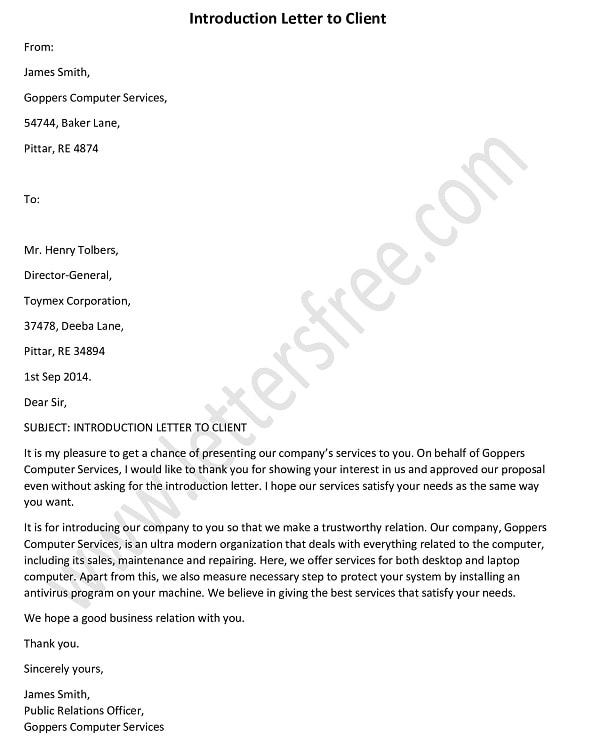 Introduction Letter to Client, introduction letter format