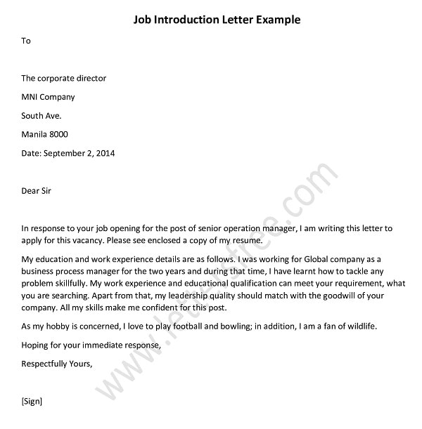 job introduction letter sample, introduction format, Example