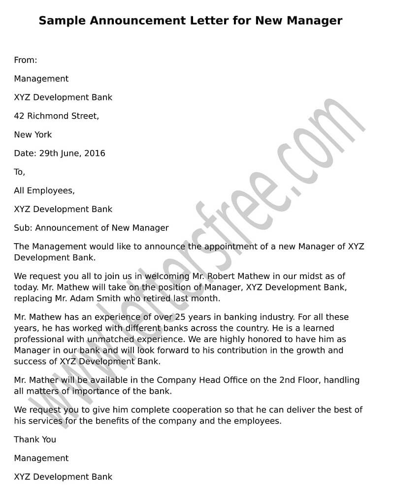 sample Announcement Letter for New Manager format