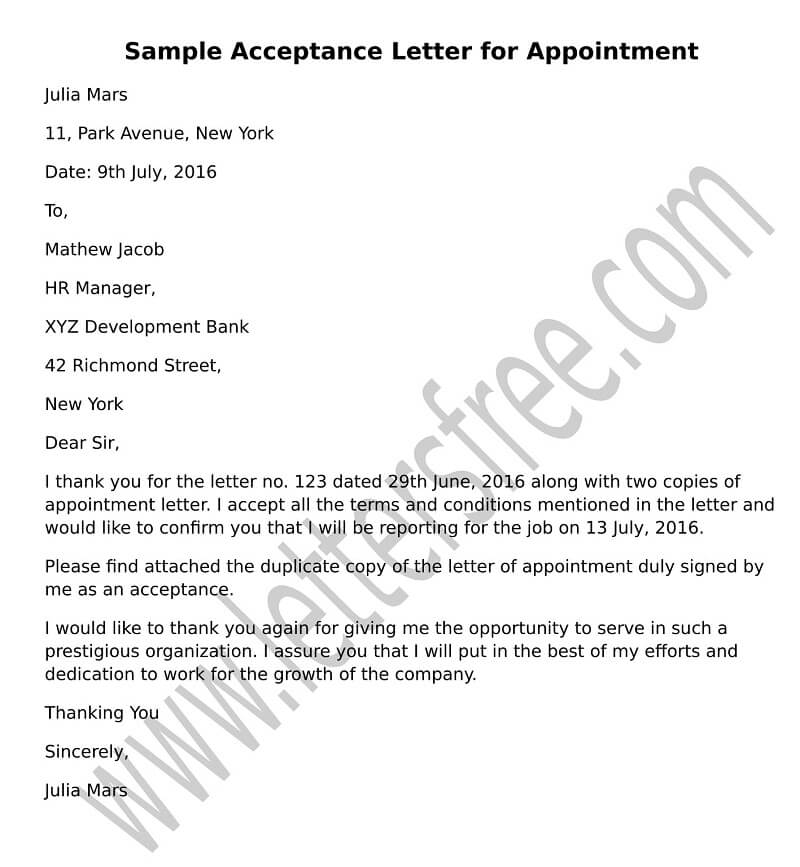 Format Appointment Acceptance Letter Sample