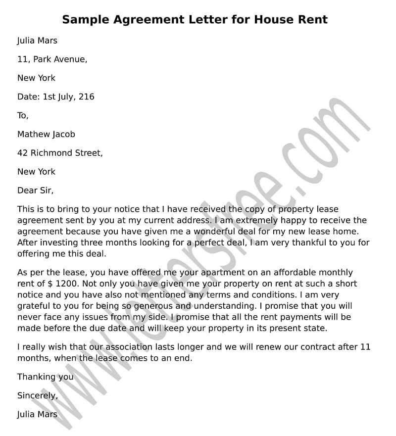 Agreement Letter House Rent, Sample Format Rental Agreement