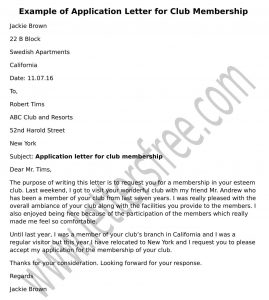 Sample Club Membership Application Letter example format