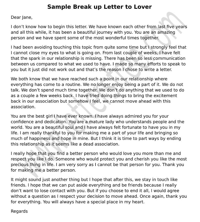 Sample Break up Letter to Lover, Break Up Girlfriend Boyfriend Letter