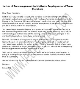 Sample Letter Encouragement to Motivate Employees and Team Members format