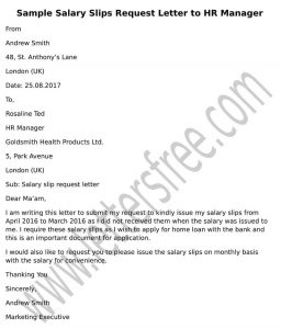 Sample format Salary slip Request Letter to HR Manager
