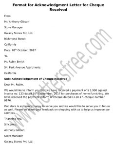 Acknowledgment Letter for Cheque Received, Letter Format sample