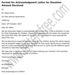Acknowledgment Letter for Receiving Donation Amount, Sample format