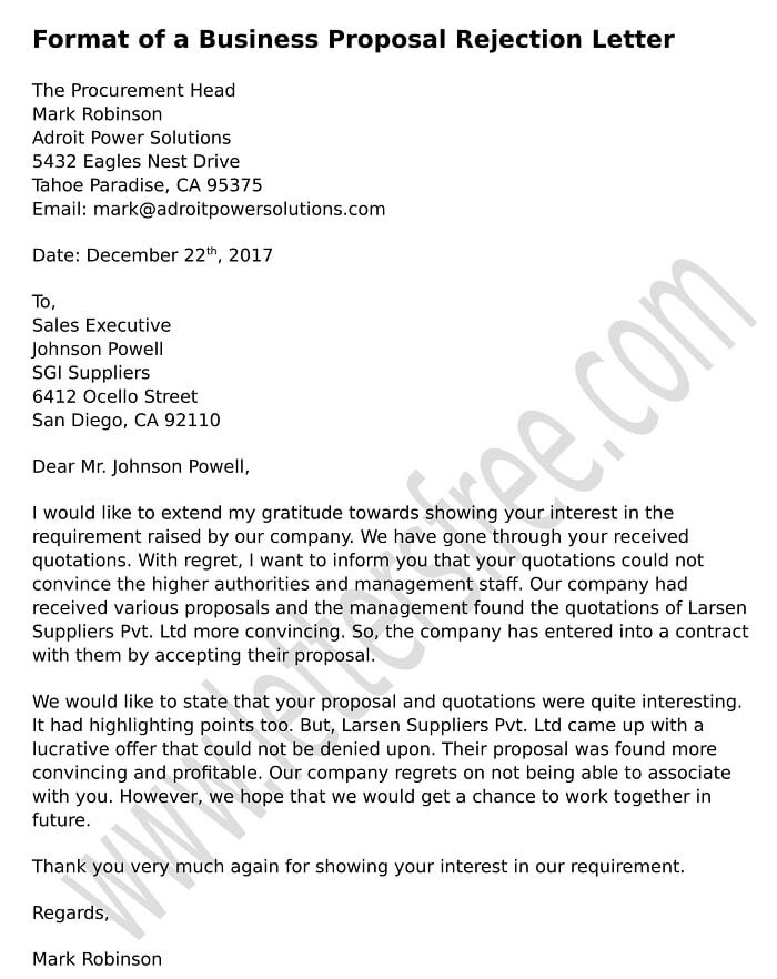 Sample Proposal Business Rejection Letter, Vendor rejection letter format