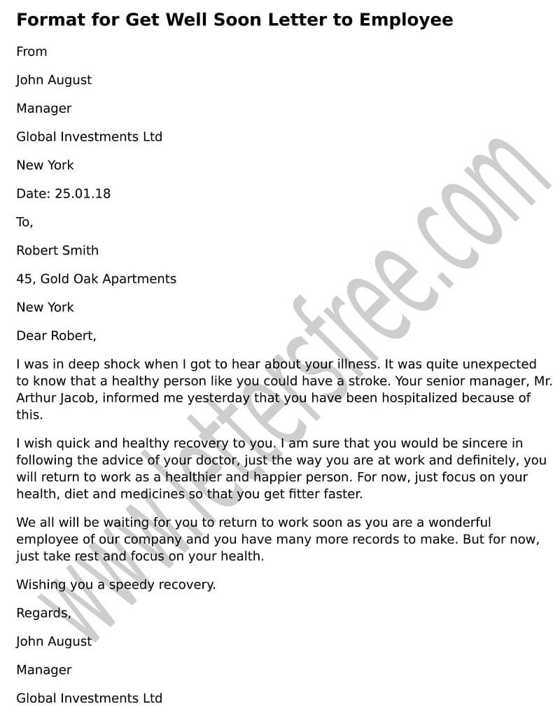 Format Get Well Soon Letter to Employee, formal Get Well letter