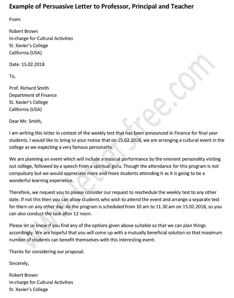 Example Persuasive Letter to Professor, Principal and Teacher, Persuasive Letter