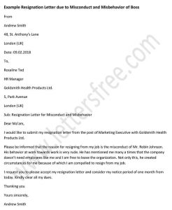 Example Resignation Letter Due to Misconduct and Misbehavior of Boss, Sample Letter Format