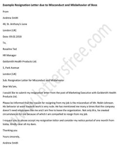 Example Resignation Letter Due to Misconduct and Misbehavior of Boss, Sample Letter Format