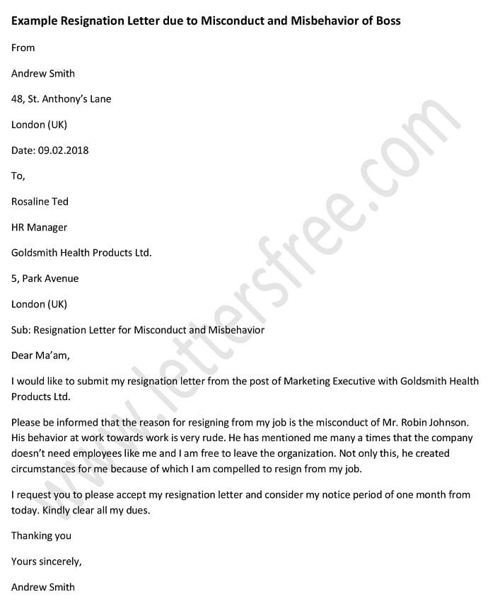 Example Resignation Letter Due to Misconduct and Misbehavior of Boss, Sample Letter Format