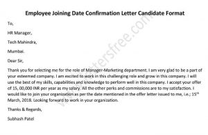 Employee Joining Date Confirmation Letter Candidate Format, Acceptance Letter