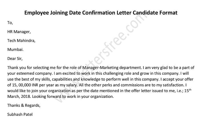 Employee Joining Date Confirmation Letter Candidate Format, Acceptance Letter