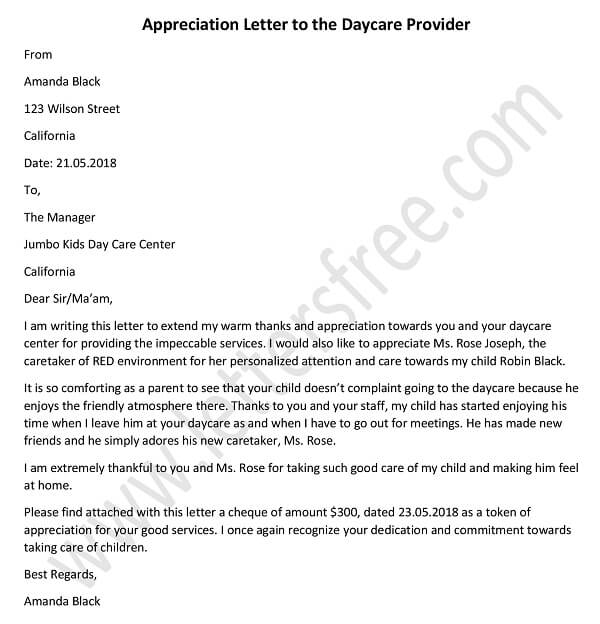 Appreciation Letter to the Daycare Provider – Sample daycare thank you letter, Example and Tips