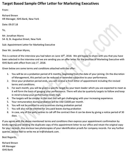 Appointment Letter for Marketing Executive with Target, sample Appointment Letter format