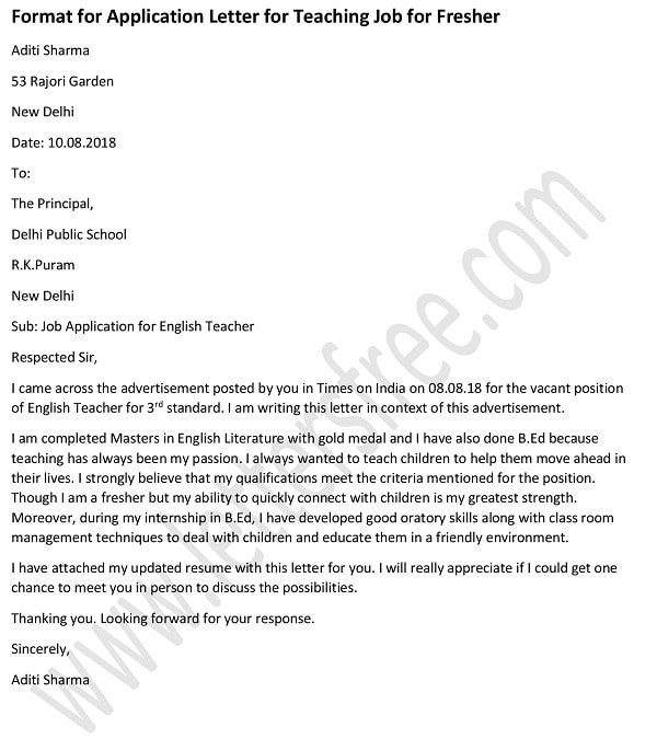 fresher teacher job application letter