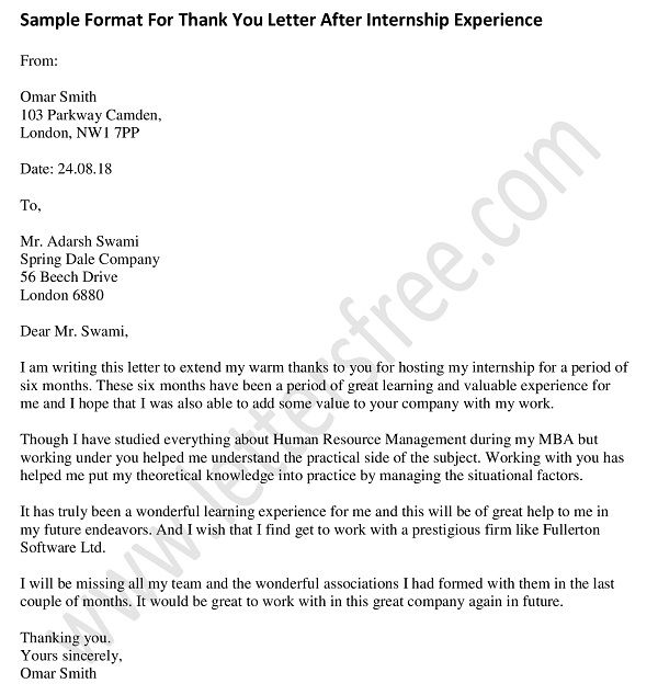 Kostenloses Printable Internship Thank You Letter From Company