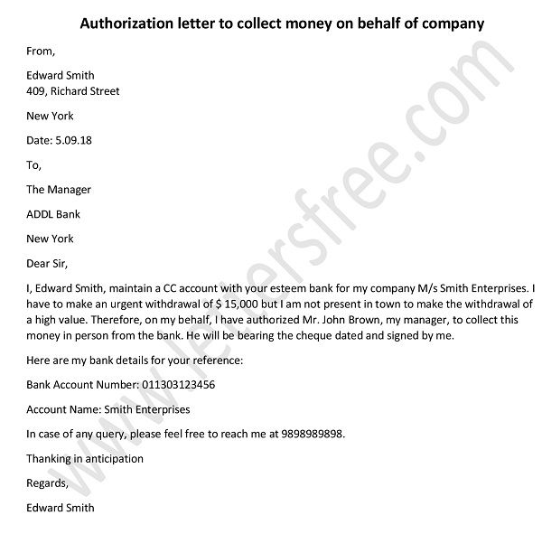 Sample Authorization Letter - Authorization Letter to Collect Money on Behalf of Company