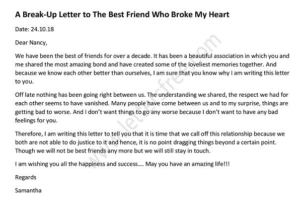 Friendship Break Up Sample Letter - Break Up Letter to Best friends