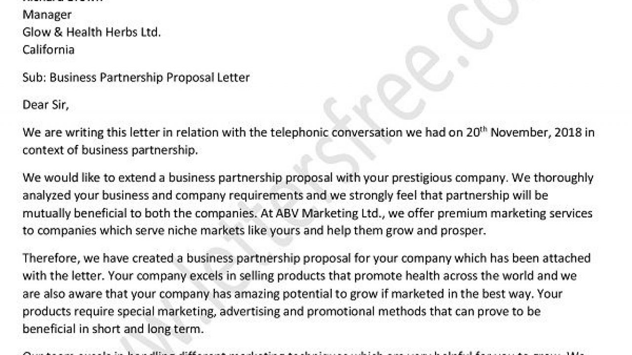 Business Proposal Letter for Partnership - Sample Business Format Pertaining To Business Partnership Proposal Template