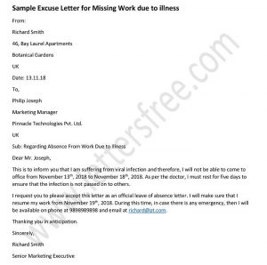 Formal Absence Excuse Letters for Missing Work - Excuse Letter Example