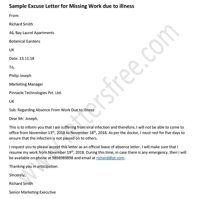 Formal Absence Excuse Letters for Missing Work - Excuse Letter Example