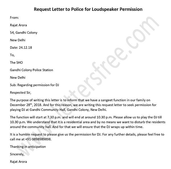 police permission letter for dj in english - loudspeaker permission letter