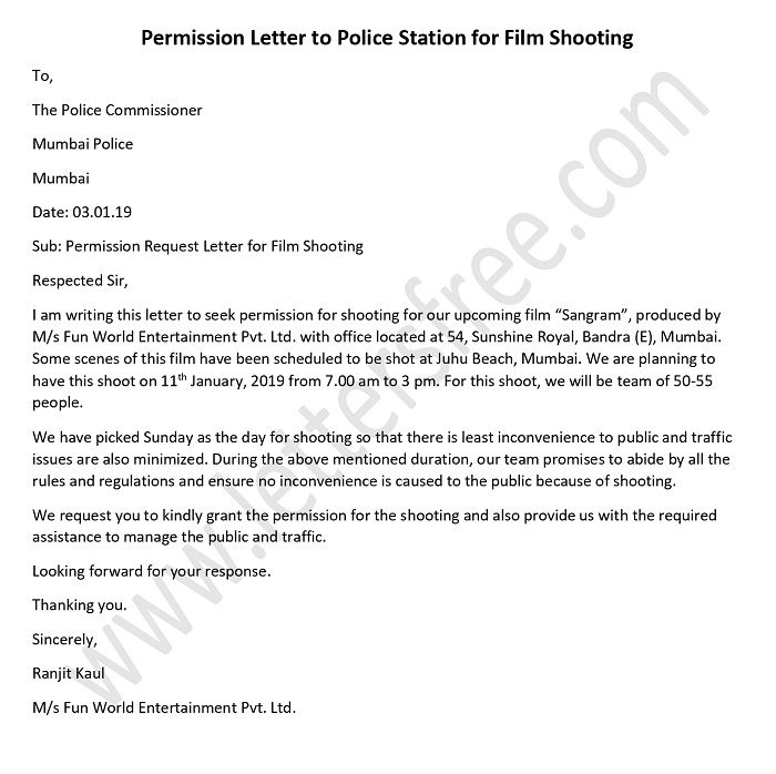 Sample Permission Letter to Police station for Film Shooting