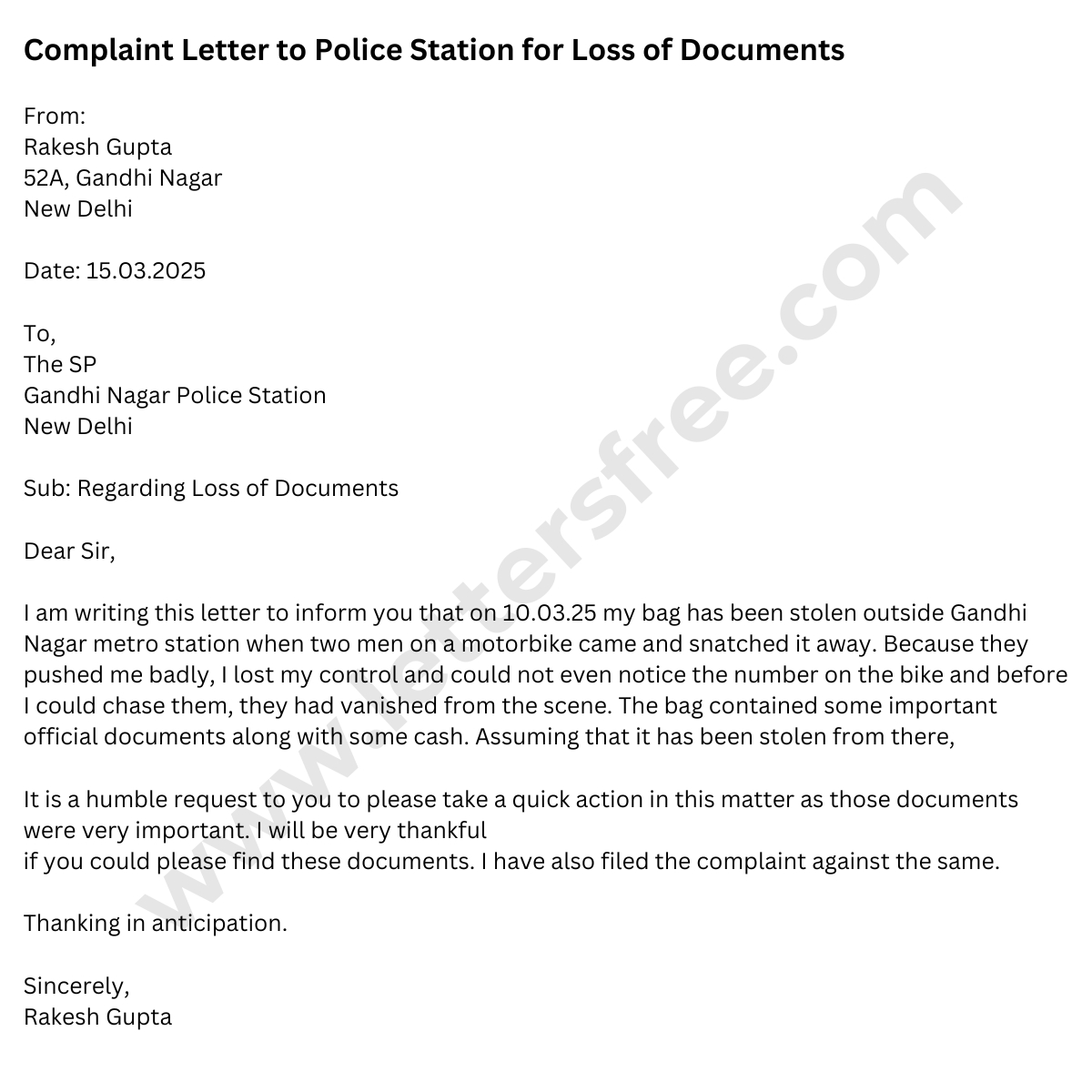 complaint-letter-to-police-station-for-loss-of-documents