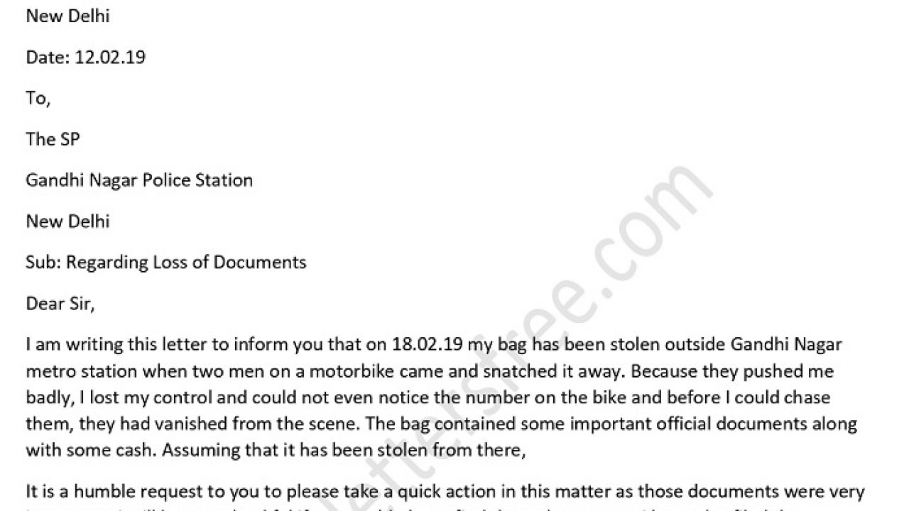 Complaint Letter to Police Station for Loss of Documents/ Certificate