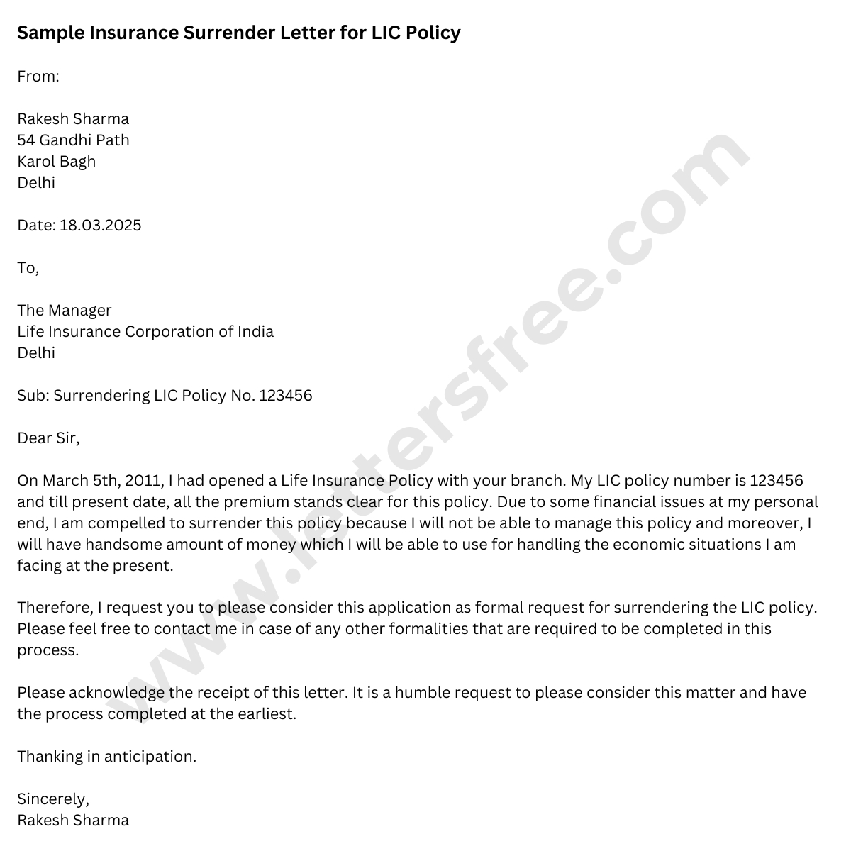 letter-format-surrender-life-insurance-policy
