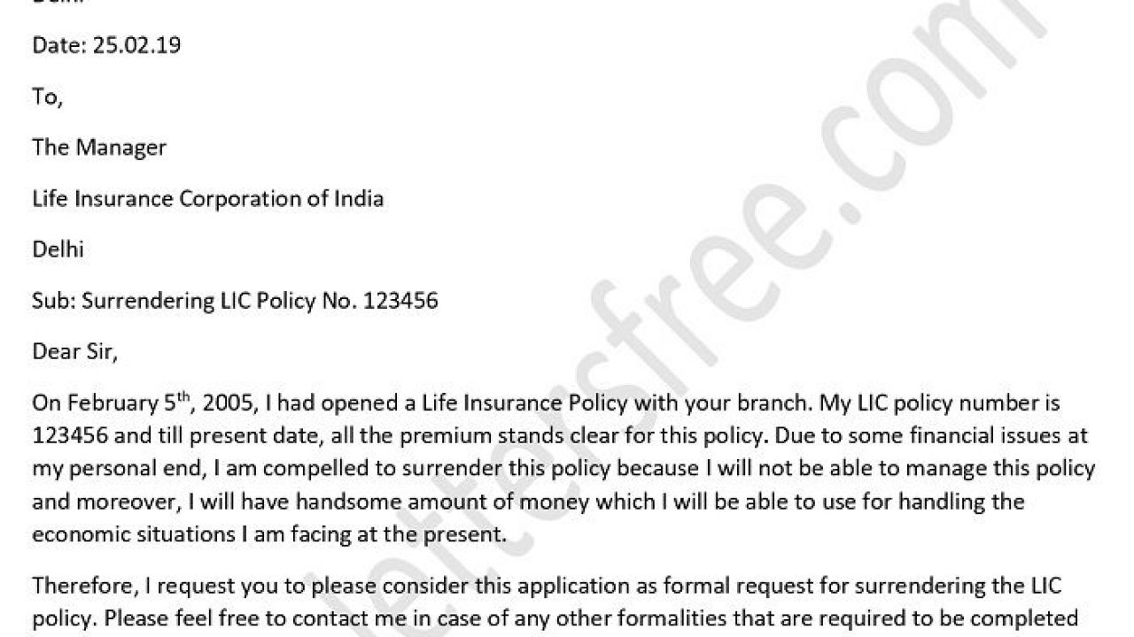 Sample Letter Format for Surrender of Life Insurance Policy