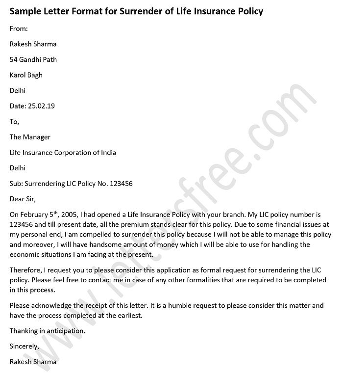 Sample Insurance Surrender Letter - Life Insurance Policy Format