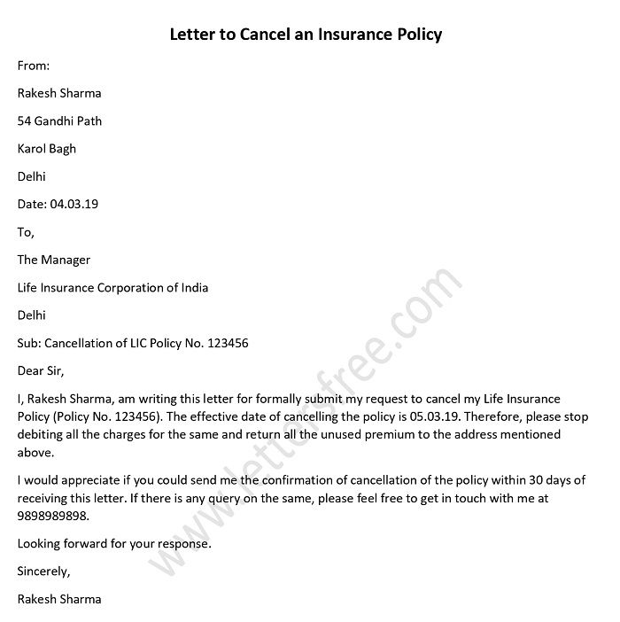 Letter to Cancel an Insurance Policy - Sample Insurance Cancellation Letter