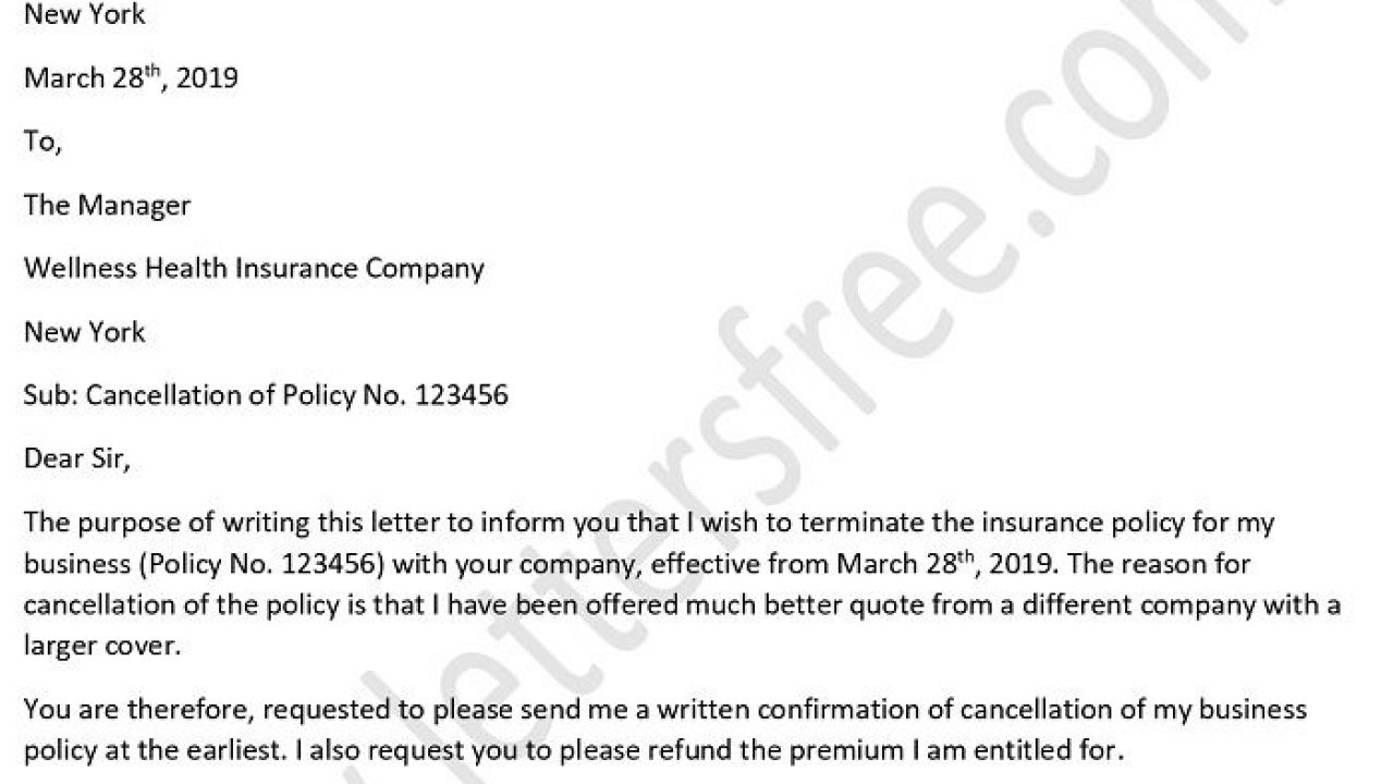 Sample Letter to Cancel Business Insurance Policy