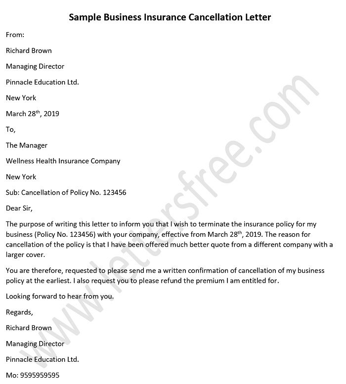 Sample Business Insurance Cancellation Letter