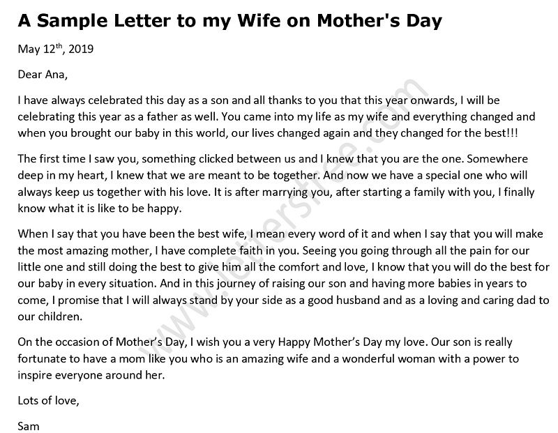 Mother's day Letter Sample- Letter to my wife on mother's day