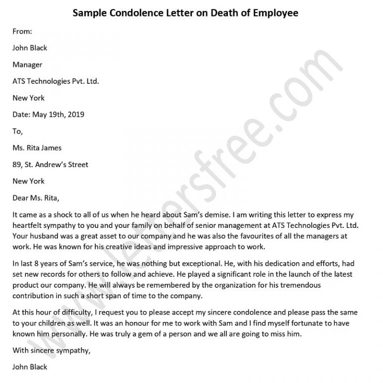 Condolence Letter on Death of Employee Condolence Email Format