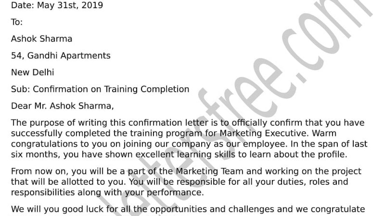 Confirmation Letter Format for Training by Company