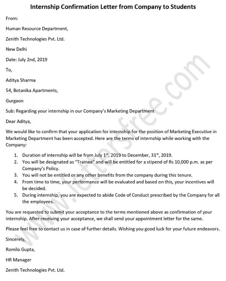 Internship Confirmation Letter from Company to Students
