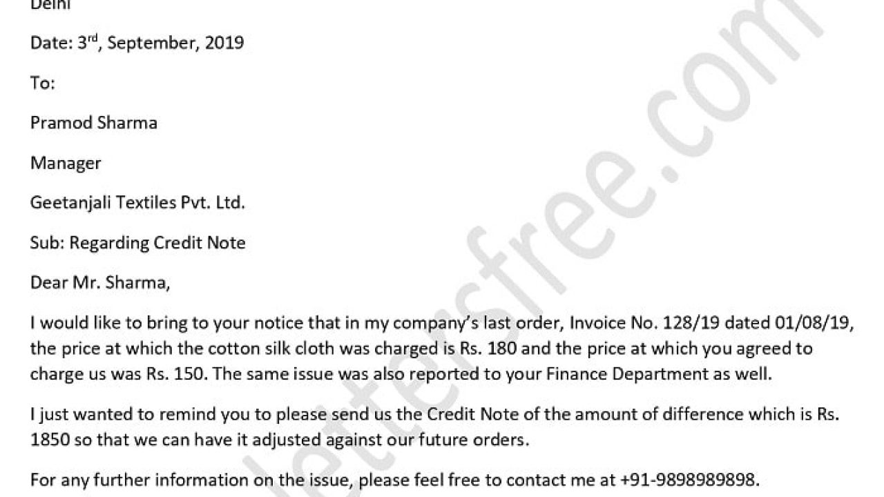 sample letter request credit note supplier