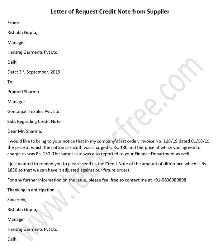 Letter of Request Credit Note from Supplier