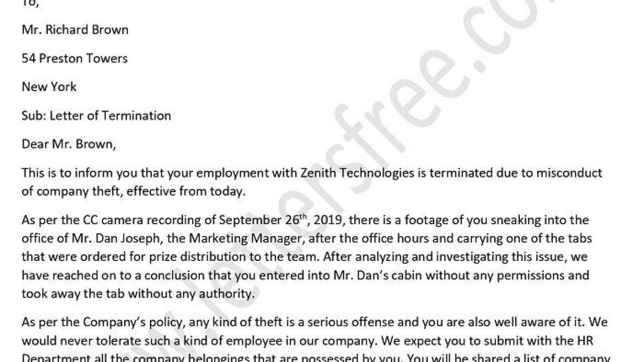 Dismissal Letter Due to Theft  Employee Termination Letter