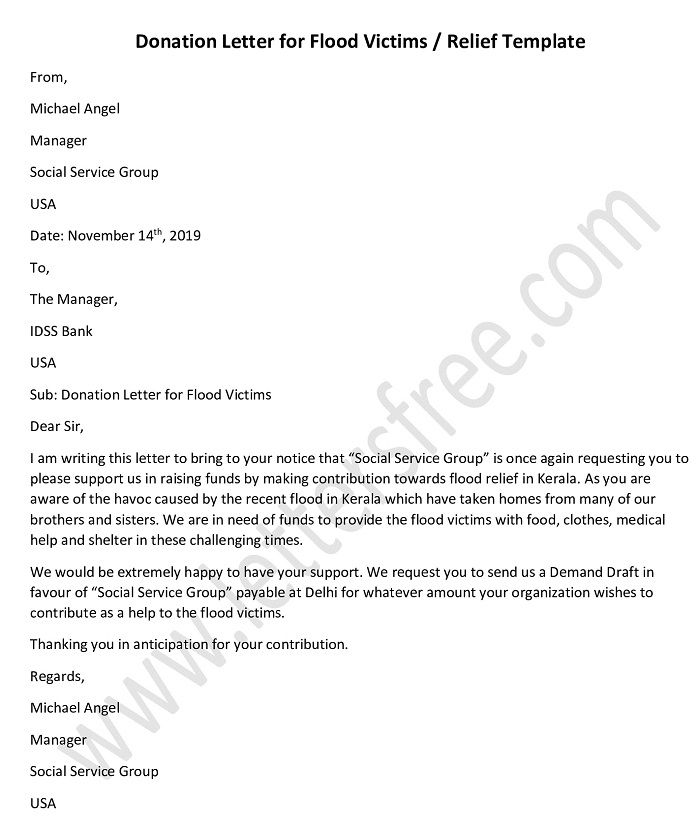 Donation Letter for Flood Victims, Relief Sample Template