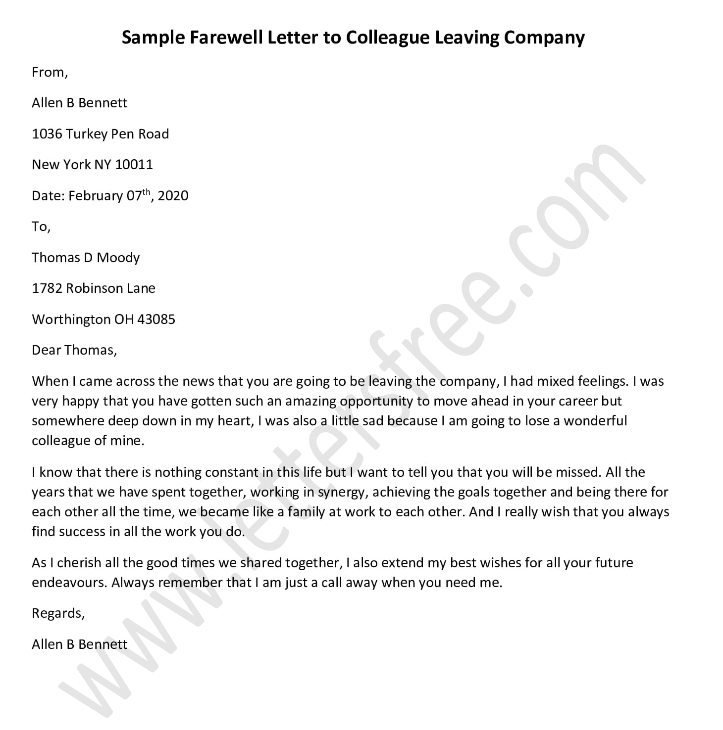Farewell Letter to Colleague Leaving Company