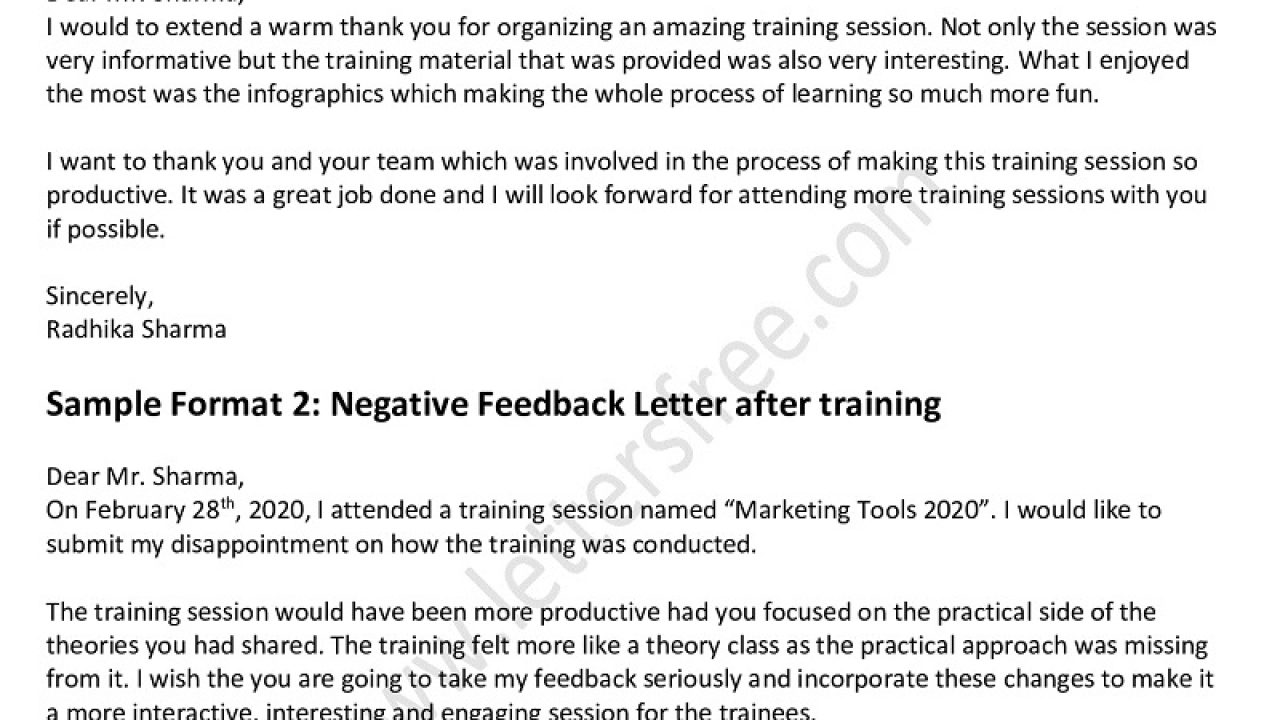Feedback Letter After Training Session- Positive/ Negative Feedback