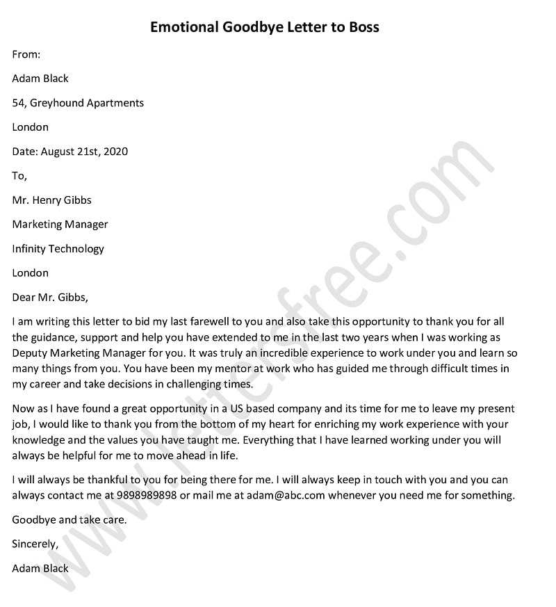 Emotional Goodbye Letter to Boss, Heartfelt Goodbye Letter